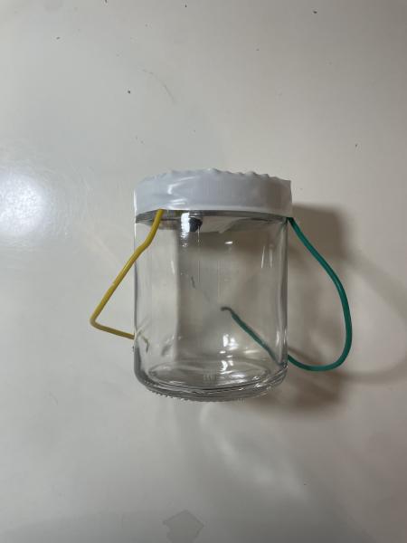 Glass Speaker with a Plastic Top connected to wires and a homemade speaker